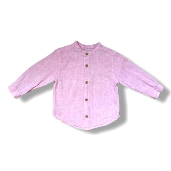 🐞3/$22 Zara Boys Shirt 9-12M Pink Cotton Linen Long Sleeve Mandarin Button Front - Picture 1 of 6